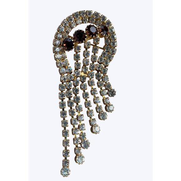 Rhinestone Brooch With Cascading Clear and Amber Crystals Vintage - Picture 7 of 16